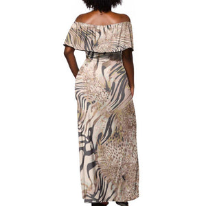 African Zebra Leopard Pattern Off Shoulder Maxi Dress Sand Taupe Beige