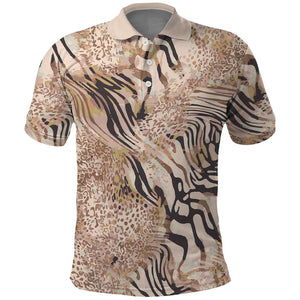 African Zebra Leopard Pattern Polo Shirt Sand Taupe Beige