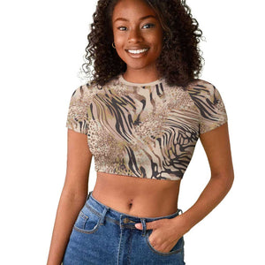 African Zebra Leopard Pattern Raglan Cropped T shirt Sand Taupe Beige