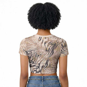 African Zebra Leopard Pattern Raglan Cropped T shirt Sand Taupe Beige