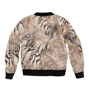 African Zebra Leopard Pattern Sleeve Zip Bomber Jacket Sand Taupe Beige
