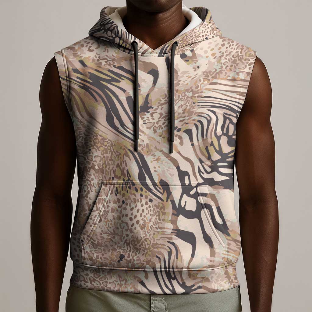 African Zebra Leopard Pattern Sleeveless Hoodie Sand Taupe Beige