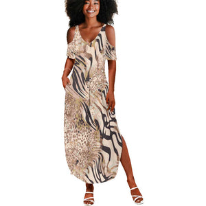 African Zebra Leopard Pattern Summer Maxi Dress Sand Taupe Beige