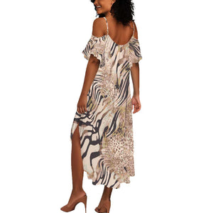 African Zebra Leopard Pattern Summer Maxi Dress Sand Taupe Beige