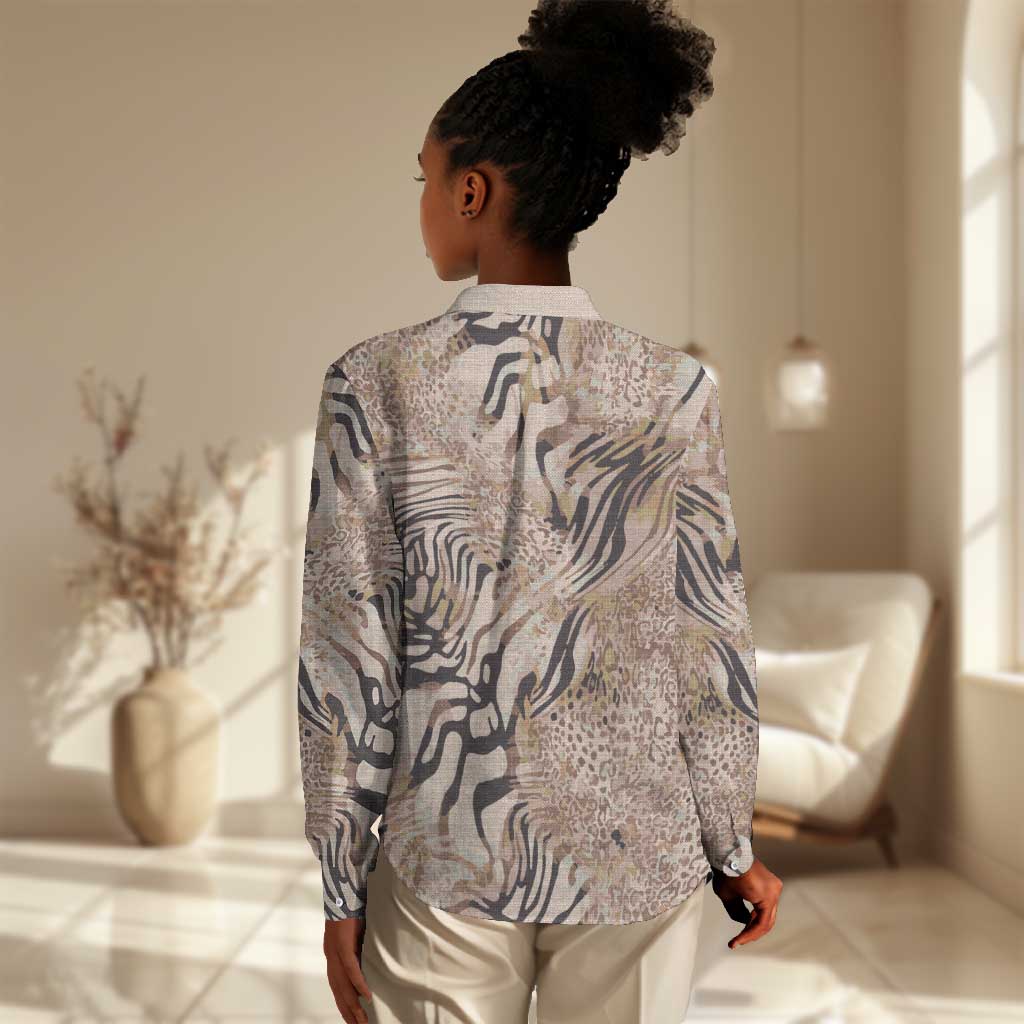 African Zebra Leopard Pattern Women Casual Shirt Sand Taupe Beige