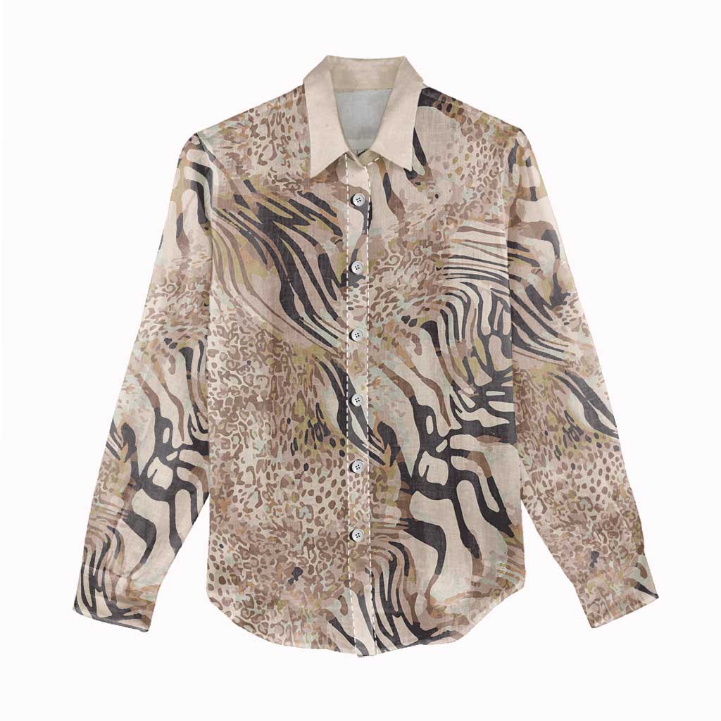 African Zebra Leopard Pattern Women Casual Shirt Sand Taupe Beige