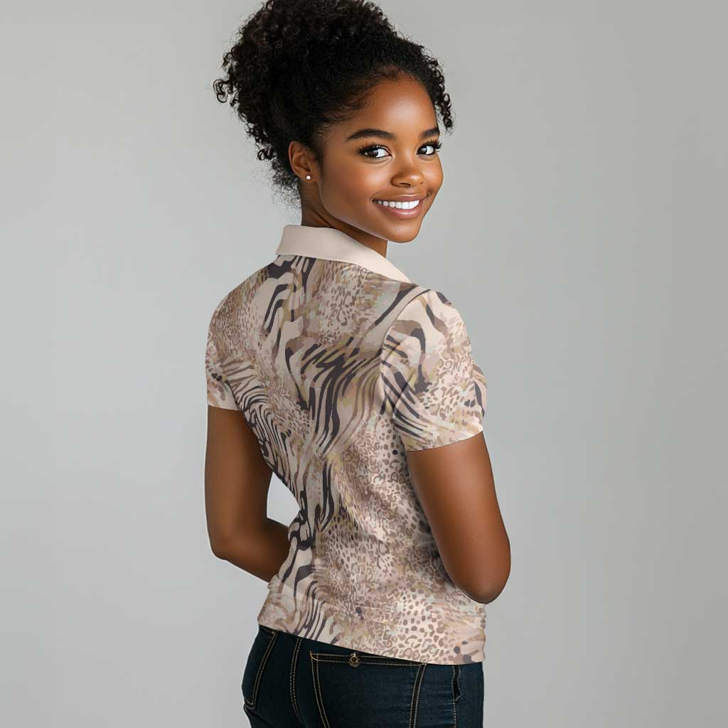 African Zebra Leopard Pattern Women Polo Shirt Sand Taupe Beige
