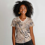 African Zebra Leopard Pattern Women V-Neck T-Shirt Sand Taupe Beige