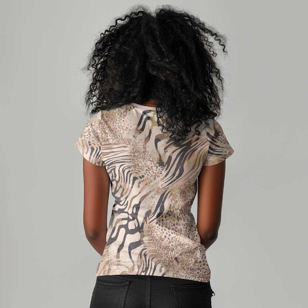 African Zebra Leopard Pattern Women V-Neck T-Shirt Sand Taupe Beige