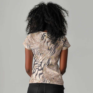 African Zebra Leopard Pattern Women V-Neck T-Shirt Sand Taupe Beige