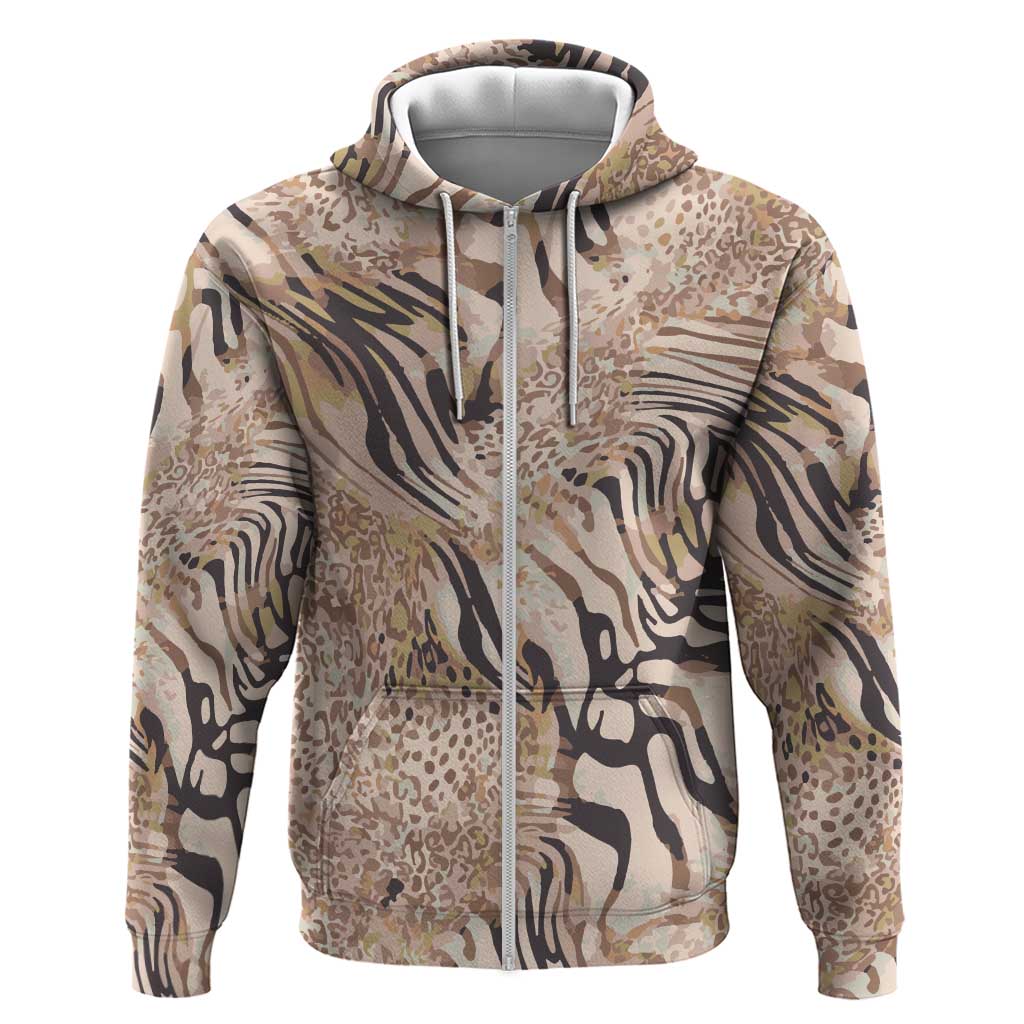 African Zebra Leopard Pattern Zip Hoodie Sand Taupe Beige
