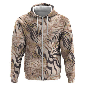 African Zebra Leopard Pattern Zip Hoodie Sand Taupe Beige