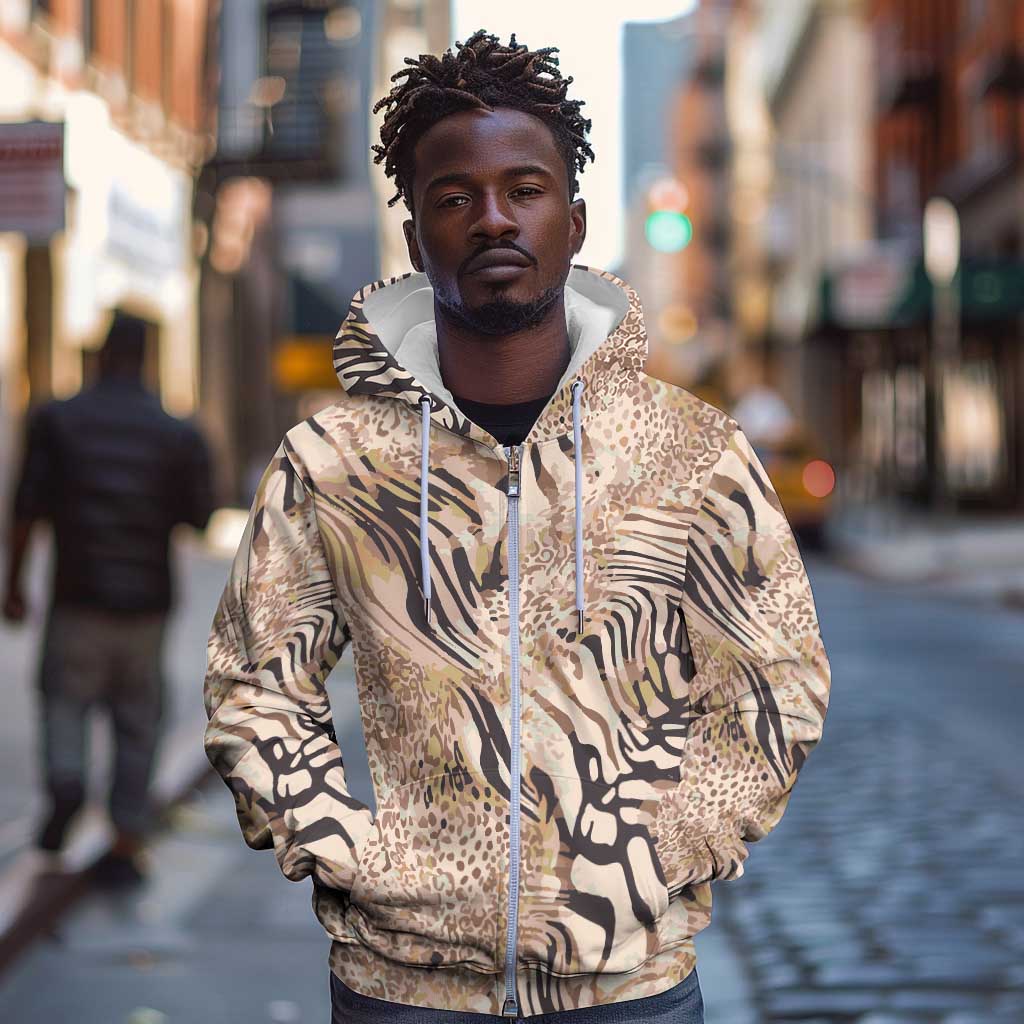 African Zebra Leopard Pattern Zip Hoodie Sand Taupe Beige