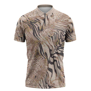 African Zebra Leopard Pattern Zipper Polo Shirt Sand Taupe Beige
