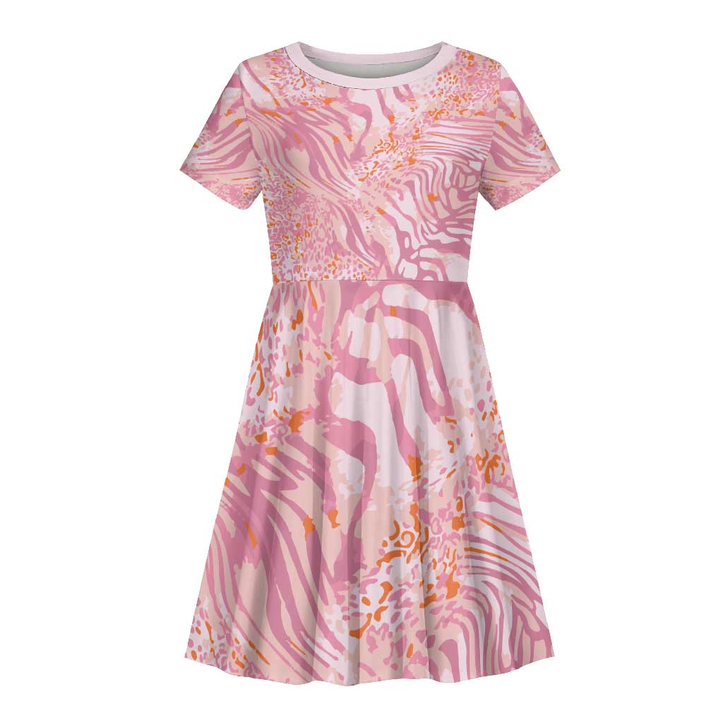 African Zebra Leopard Pattern Kid Short Sleeve Dress Blush Savannah