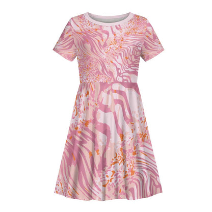 African Zebra Leopard Pattern Kid Short Sleeve Dress Blush Savannah