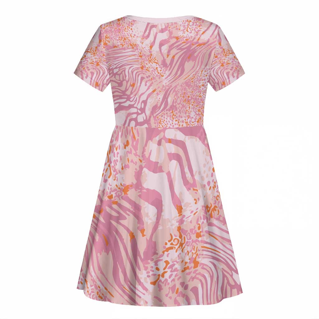 African Zebra Leopard Pattern Kid Short Sleeve Dress Blush Savannah