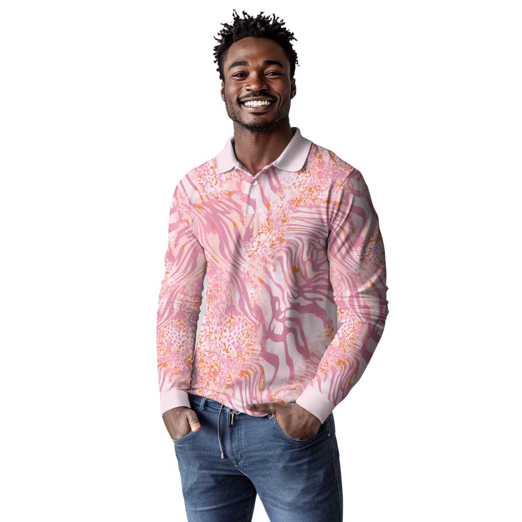 African Zebra Leopard Pattern Long Sleeve Polo Shirt Blush Savannah