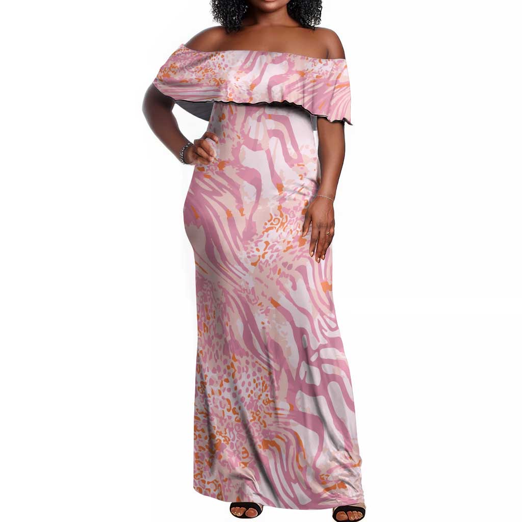 African Zebra Leopard Pattern Off Shoulder Maxi Dress Blush Savannah