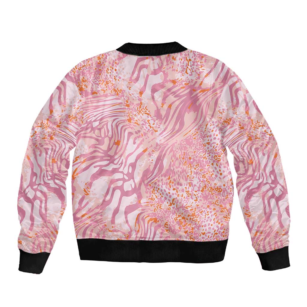 African Zebra Leopard Pattern Sleeve Zip Bomber Jacket Blush Savannah