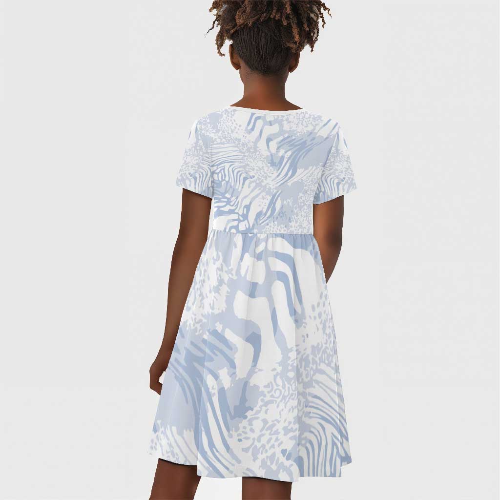 African Zebra Leopard Pattern Kid Short Sleeve Dress Sky Savannah