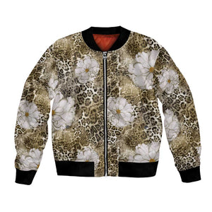 African Leopard Floral Pattern Bomber Jacket Sahara Pearl