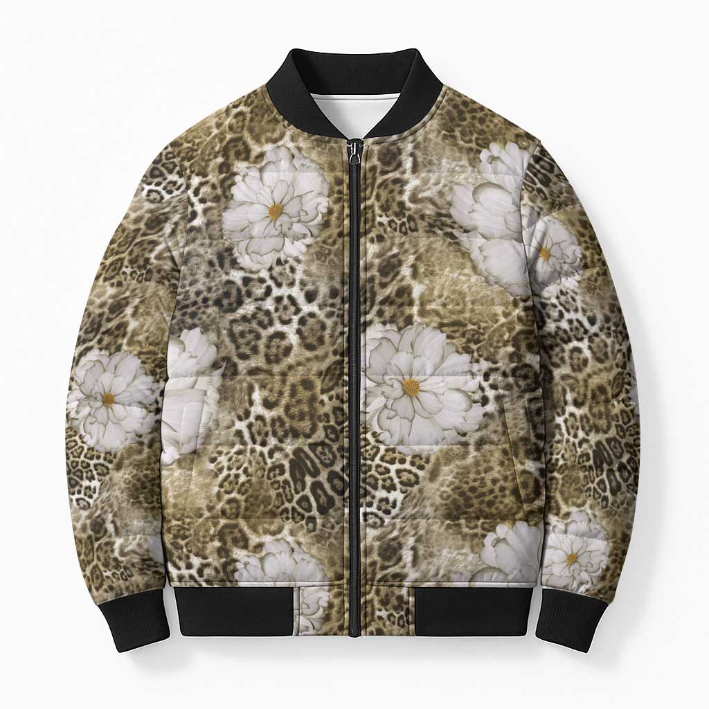 African Leopard Floral Pattern Bomber Puffer Jacket Sahara Pearl