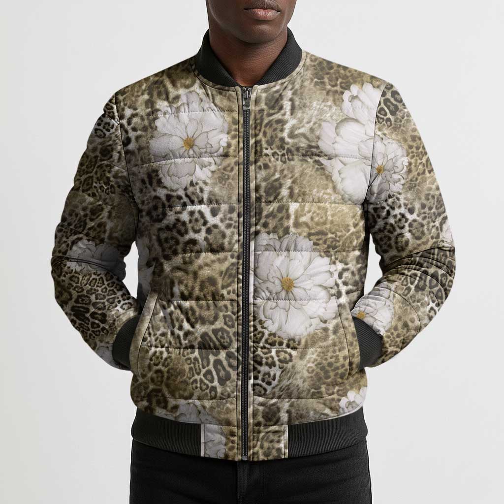 African Leopard Floral Pattern Bomber Puffer Jacket Sahara Pearl
