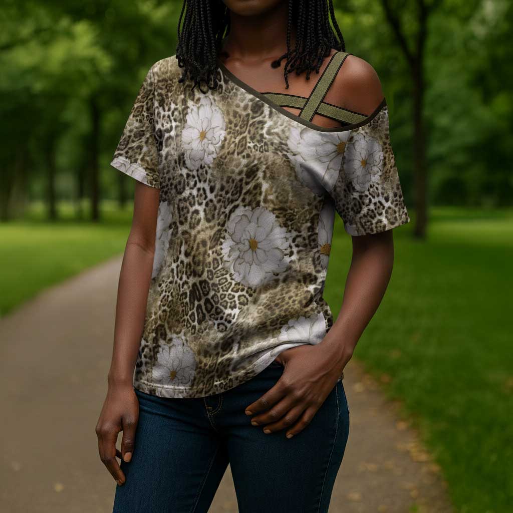 African Leopard Floral Pattern Cross Shoulder Shirt Sahara Pearl