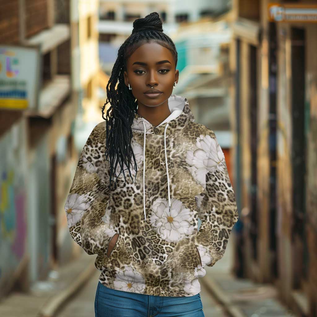 African Leopard Floral Pattern Hoodie Sahara Pearl