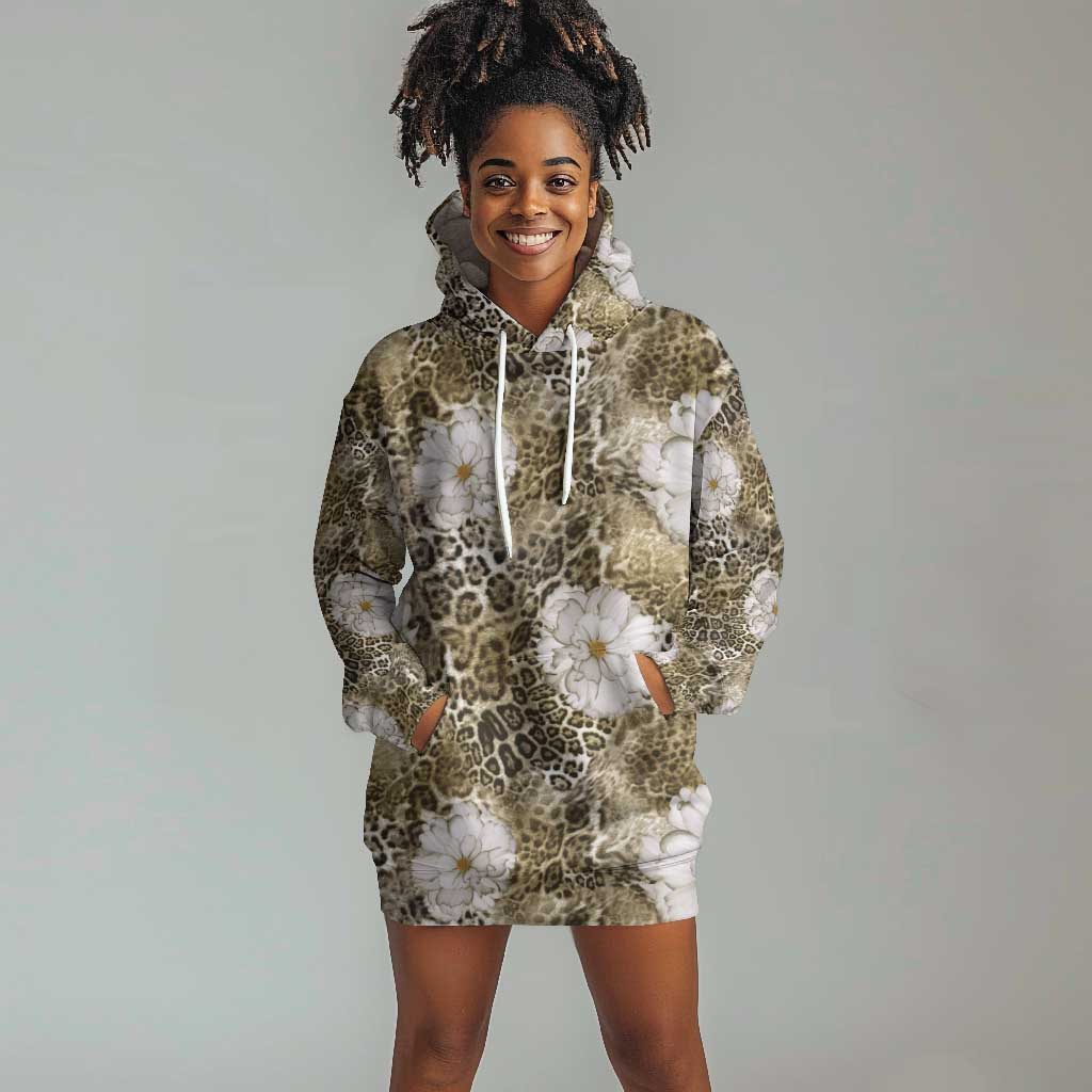 African Leopard Floral Pattern Hoodie Dress Sahara Pearl