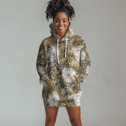 African Leopard Floral Pattern Hoodie Dress Sahara Pearl
