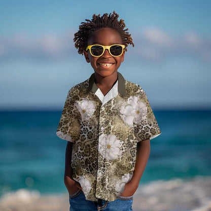 African Leopard Floral Pattern Kid Hawaiian Shirt Sahara Pearl