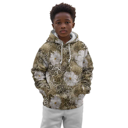 African Leopard Floral Pattern Kid Hoodie Sahara Pearl