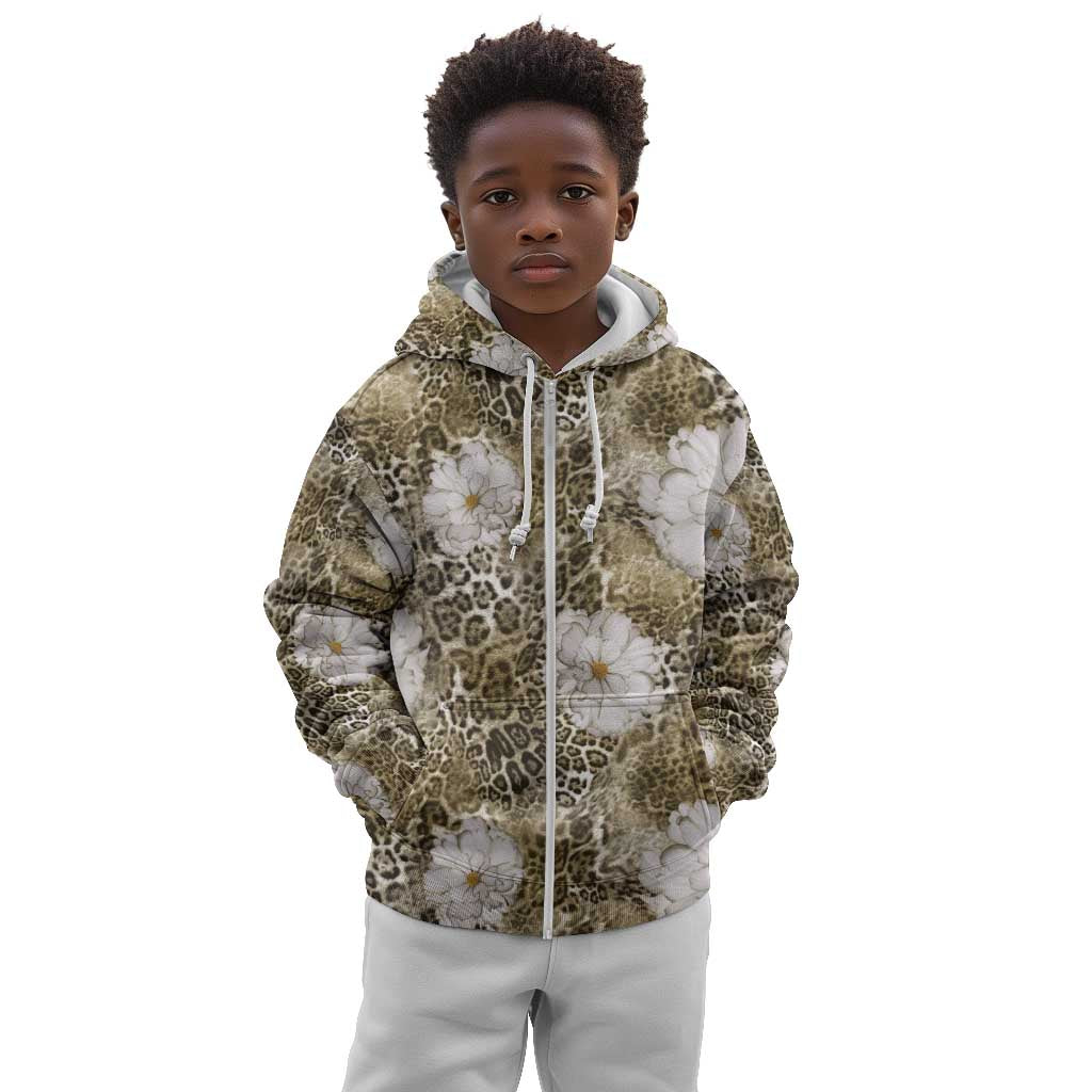African Leopard Floral Pattern Kid Hoodie Sahara Pearl