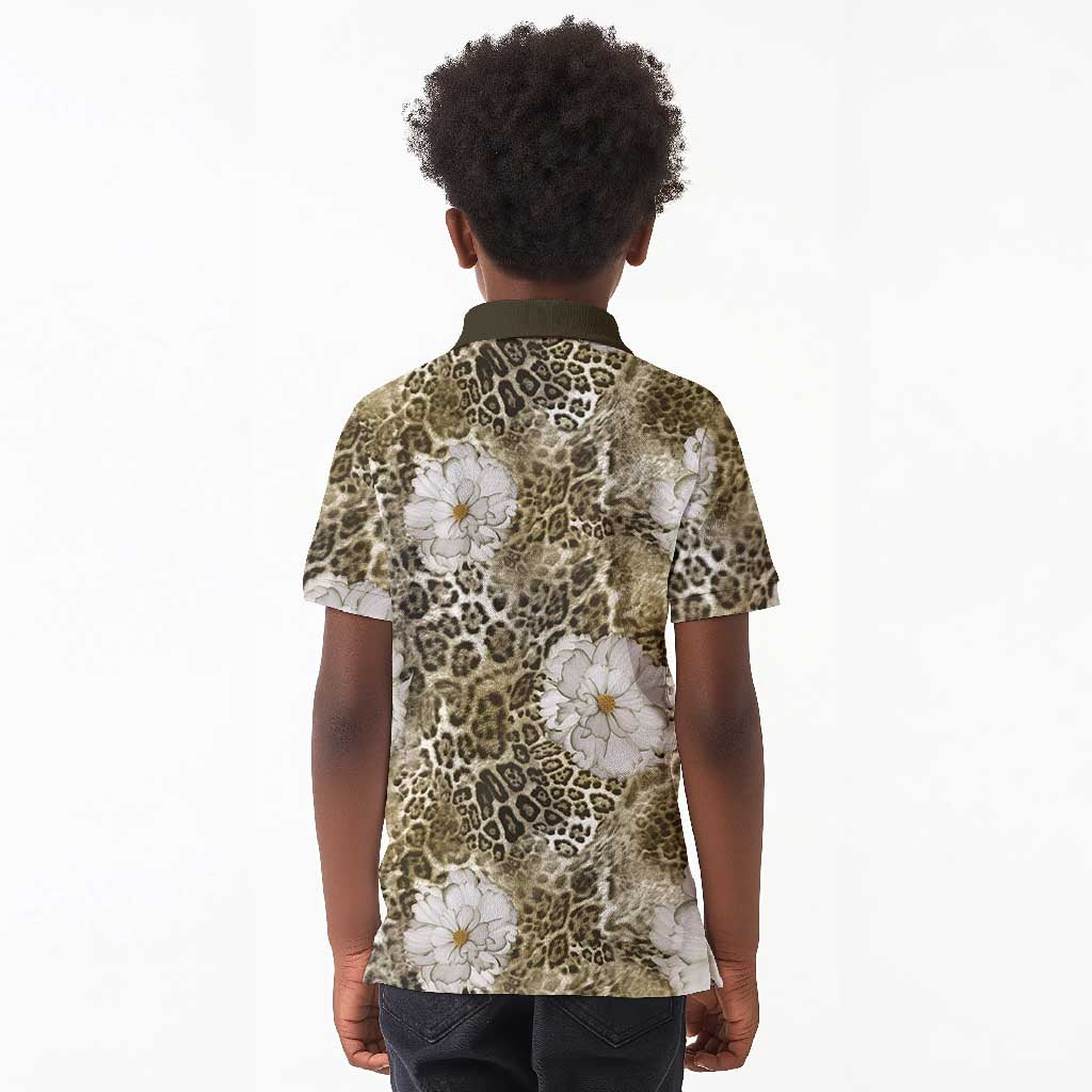 African Leopard Floral Pattern Kid Polo Shirt Sahara Pearl