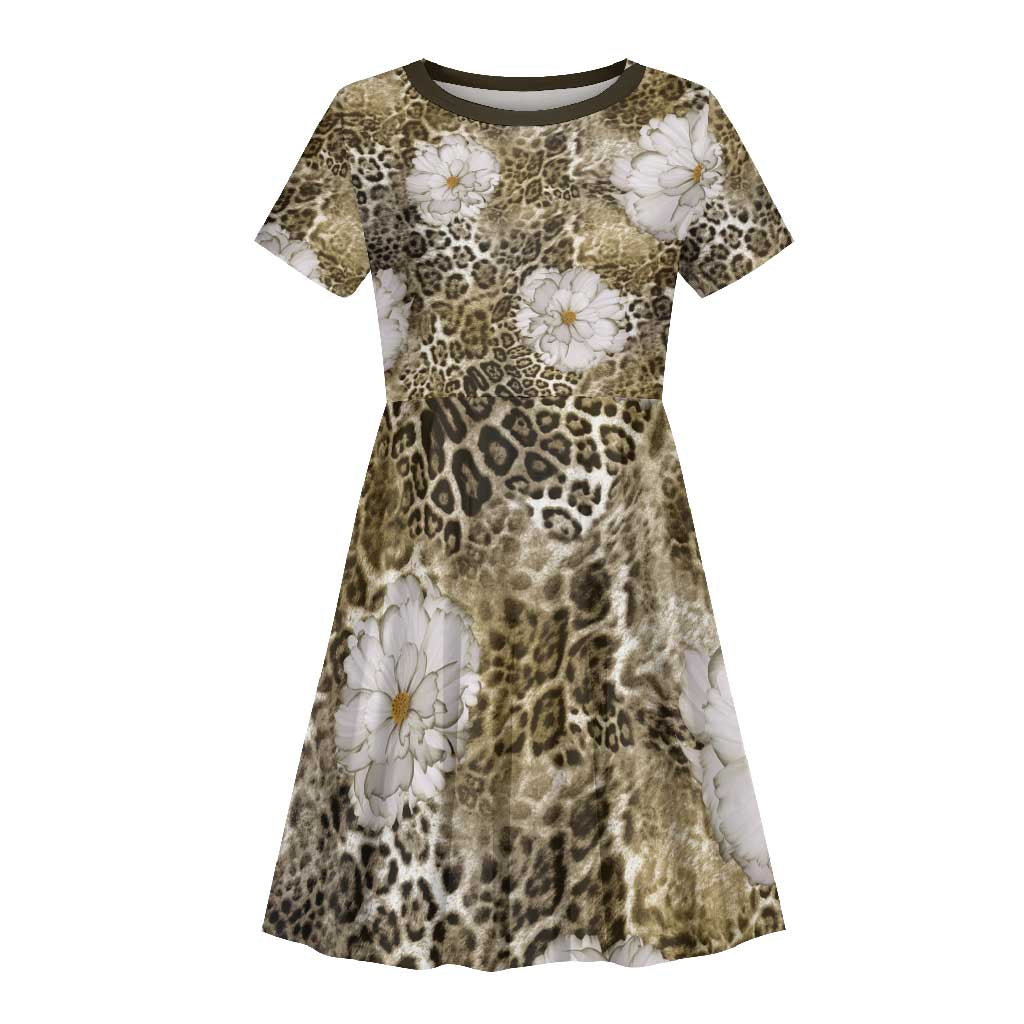 African Leopard Floral Pattern Kid Short Sleeve Dress Sahara Pearl