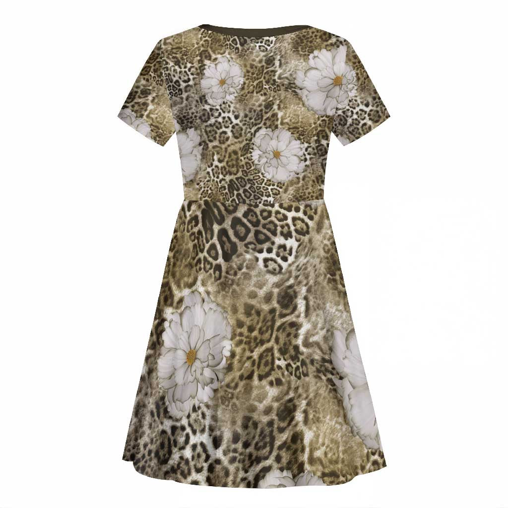 African Leopard Floral Pattern Kid Short Sleeve Dress Sahara Pearl