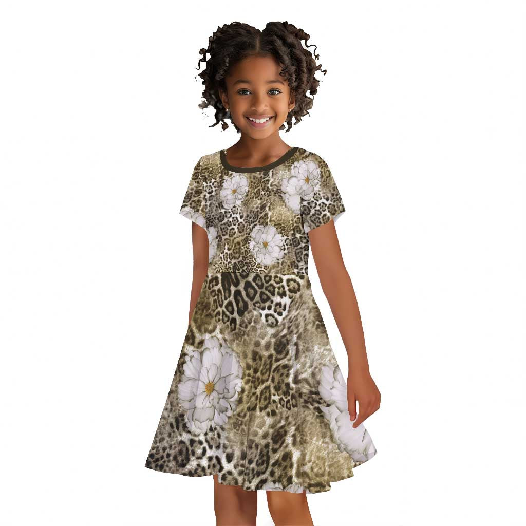 African Leopard Floral Pattern Kid Short Sleeve Dress Sahara Pearl