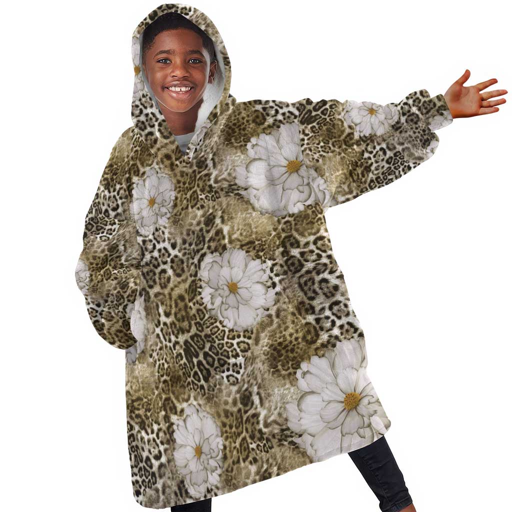 African Leopard Floral Pattern Kid Wearable Blanket Hoodie Sahara Pearl