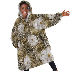 African Leopard Floral Pattern Kid Wearable Blanket Hoodie Sahara Pearl