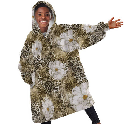 African Leopard Floral Pattern Kid Wearable Blanket Hoodie Sahara Pearl