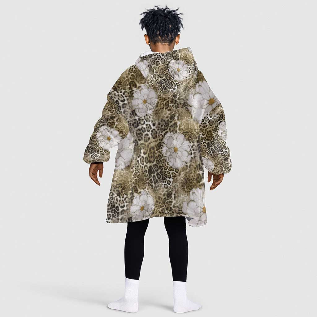African Leopard Floral Pattern Kid Wearable Blanket Hoodie Sahara Pearl