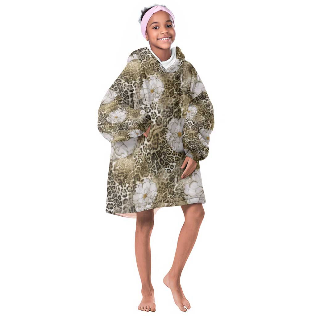 African Leopard Floral Pattern Kid Wearable Blanket Hoodie Sahara Pearl