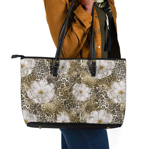 African Leopard Floral Pattern Leather Tote Bag Sahara Pearl