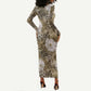 African Leopard Floral Pattern Long Sleeve Bodycon Dress Sahara Pearl