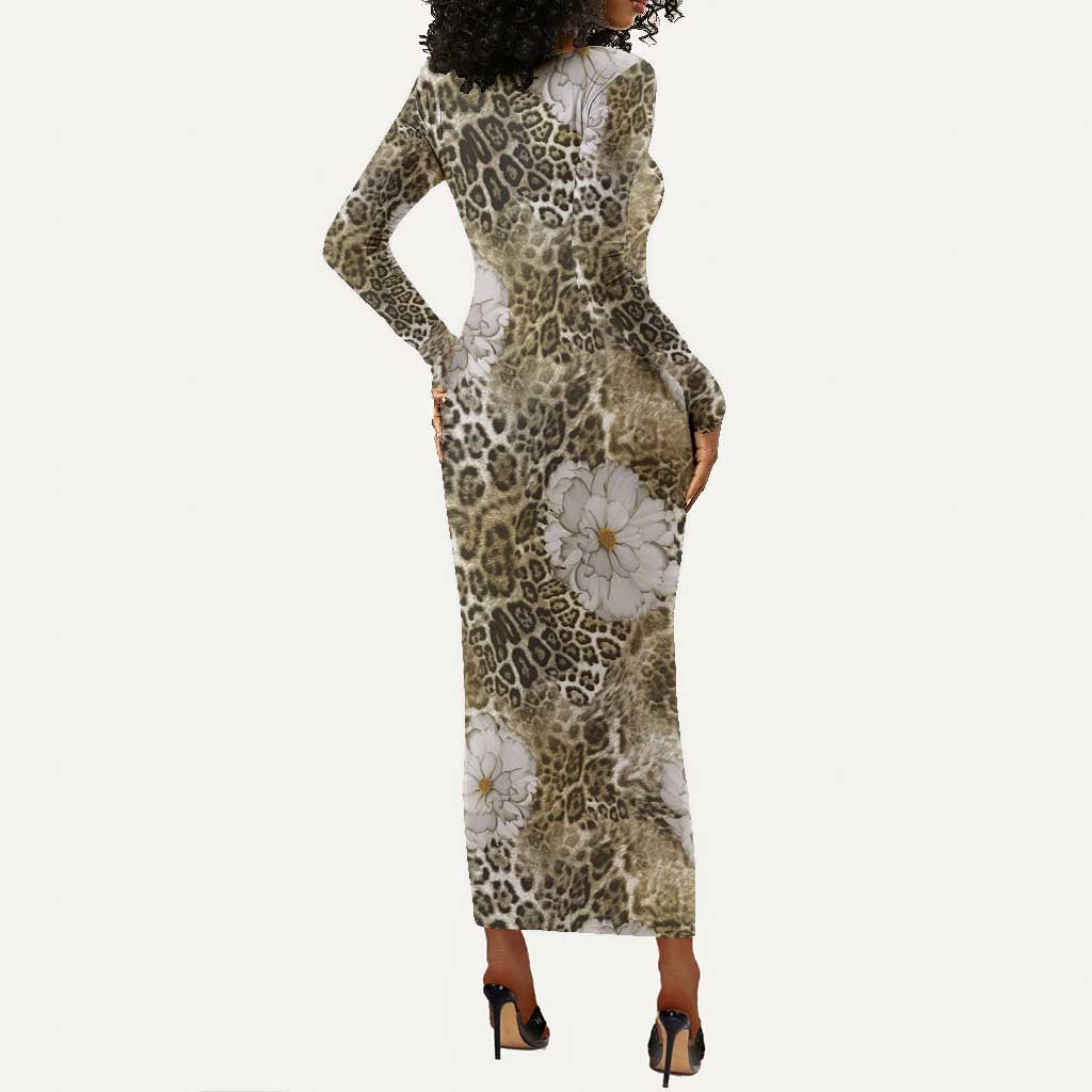 African Leopard Floral Pattern Long Sleeve Bodycon Dress Sahara Pearl