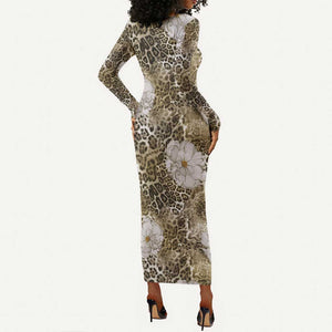 African Leopard Floral Pattern Long Sleeve Bodycon Dress Sahara Pearl