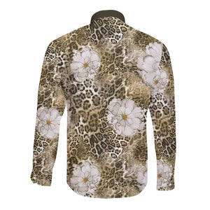 African Leopard Floral Pattern Long Sleeve Button Shirt Sahara Pearl