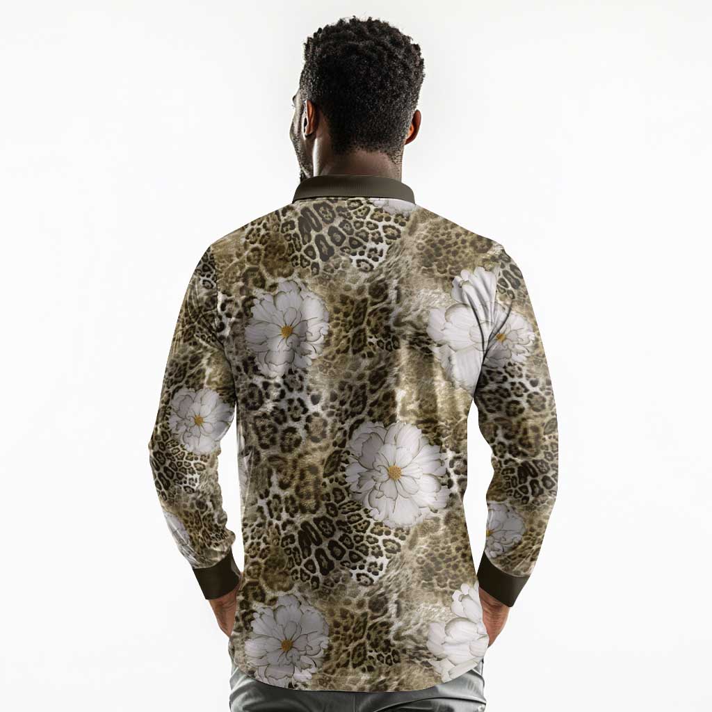 African Leopard Floral Pattern Long Sleeve Polo Shirt Sahara Pearl